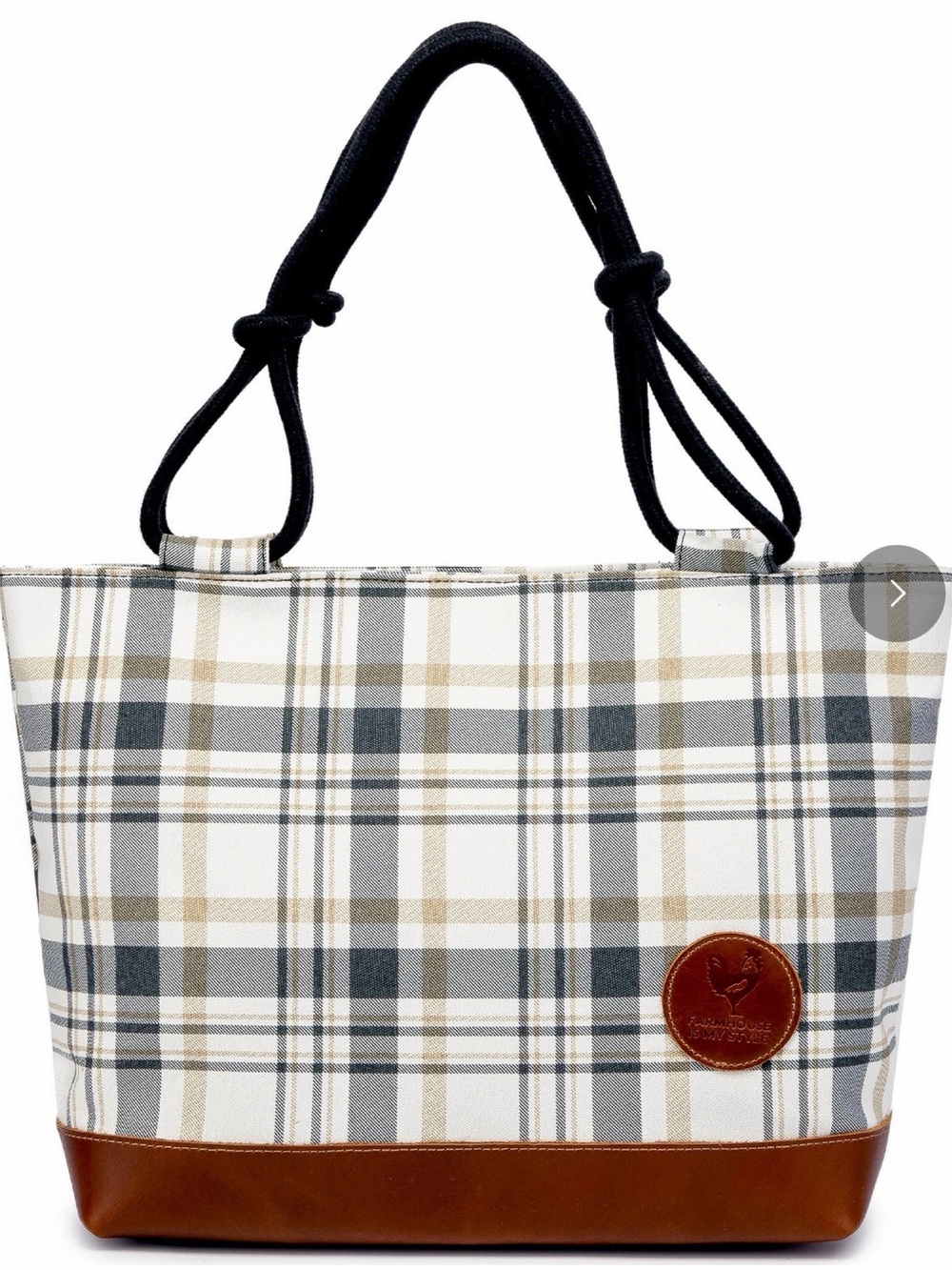 Farmhouse Is My Style Canvas Plaid Tote Bag with Brown Trim